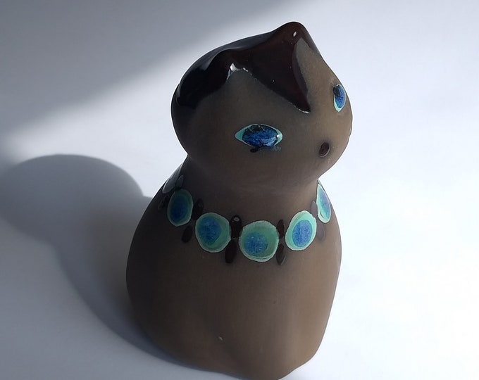 Vintage Swedish Ceramic Cat Figurine. Mid Century Modern Style. Dark Brown Colour with Aqua Decor. Signed. Collectable. Scandinavian Design.