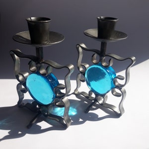 Pair of Swedish Hand Forged Metal Candlestick Holders with Blue Crystal Glass Round Inserts. Scandinavian Home Decoration. Made in Sweden.