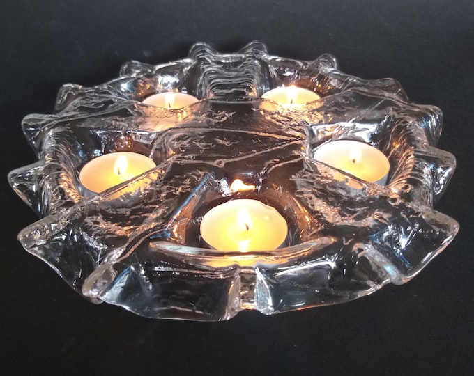 Muurla Finland Crystal Glass Candle Holder. Snowflake Form for 5 Tealights. Finnish Glass Design. Beautiful Vintage Home Decor for Evenings.