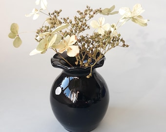 Very Cute Small Black Swedish Glass Vase. Original Label. Crimped Border. Hand Blown. Vintage Home Decor.
