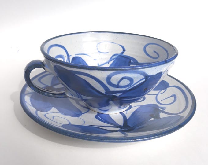 Charlotte Karlsson Keramik Sweden Large Ceramic Cup and Saucer. Hand Painted. Floral Pattern in Blue Tones. Beautiful Swedish Pottery.