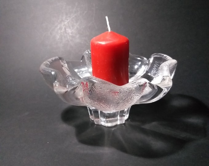 Orrefors Sweden. Lars Hellsten Design. Beautiful Flower. Thick Heavy Clear Textured Vintage Crystal Glass Candle Holder. Swedish Design.