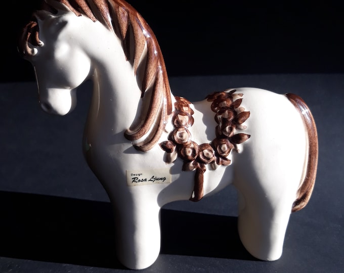 Rosa Ljung Sweden White Ceramic Horse with Brown Colour Decor. Swedish Vintage Pottery from 70s. Retro Home Decor.