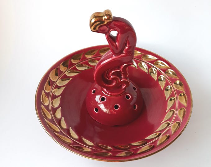 Vintage Upsala Ekeby Gefle Sweden "Red Ruby" Arthur Percy. Porcelain Flower Arrangement Bowl with Mermaid Floral Frog. Gold Colour Accents.