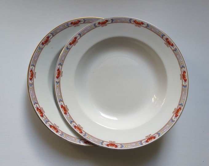 Set of 2 Opak Gustavsberg Sweden Antique Soup Plates. Swedish Porcelain in Art Noveau Style. Nicely Decorated Rim. More than 100 Years Old