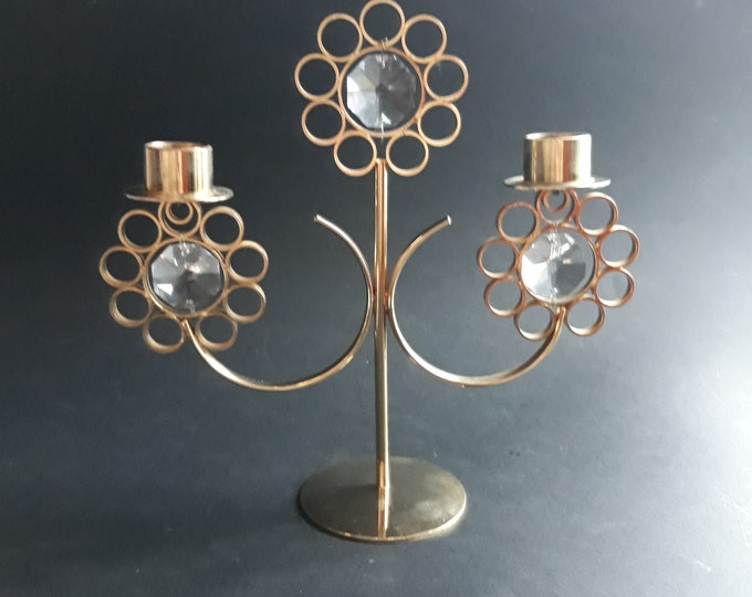 Sophisticated Vintage Goldplated Candleholder with Crystals for Two Candles. Possibly Lovsjo Sweden. The Lines resemble a Flower. Beautiful.