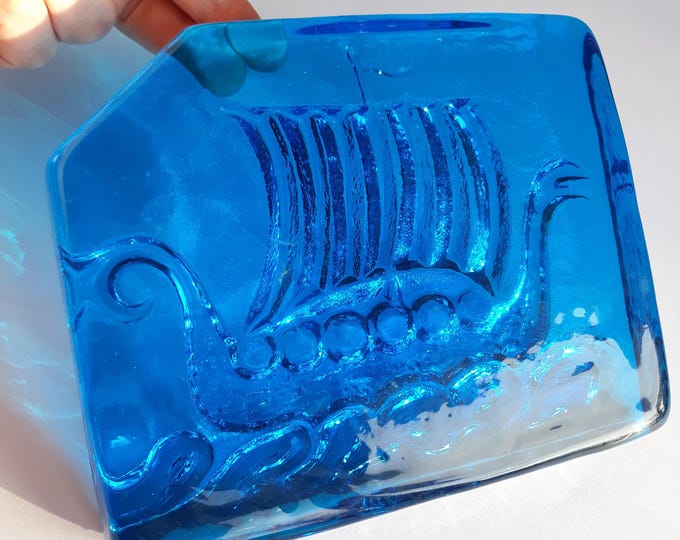 Striking Swedish Crystal Glass Paperweight. A Large and Heavy Block with a Relief of a Viking Ship. Beautiful See Blue Colour. Art Glass.