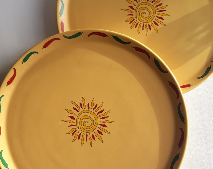Sagaform Sweden. Vintage Stoneware Tex Mex Large Plate 27.5 cm (10.82"). Bright Yellow with Chilly Pepper Decor. For Mexican Food - Tacos.