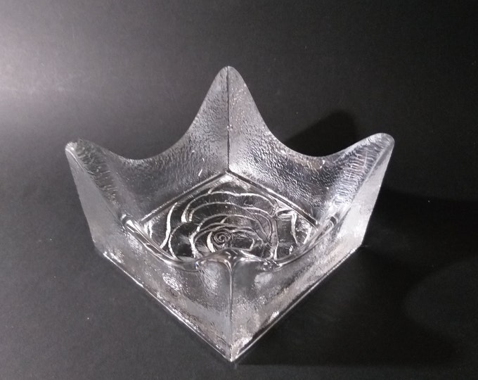 Vintage Scandinavian Chrystal Glass Bowl Dish. Square Shape. Textured Clear Glass. Embossed Rose Flower in Center. Beautiful Art Glass Piece