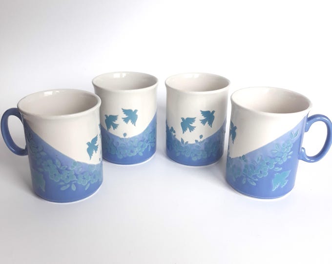 Set of Two Vintage EIT Studio England Mugs with Handle. Stoneware Coffee, Tea Mugs. Lovely Blue White Embossed Flowers Doves Birds. Not Used