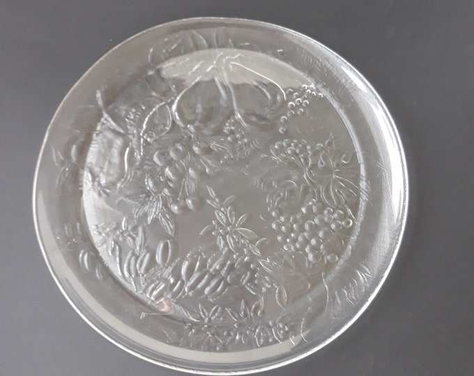 Vintage Duralex France Vertongen Pressed Round Glass Platter Tray with Embossed Fruit Pattern. Marked. Great for Fruit or Cake.