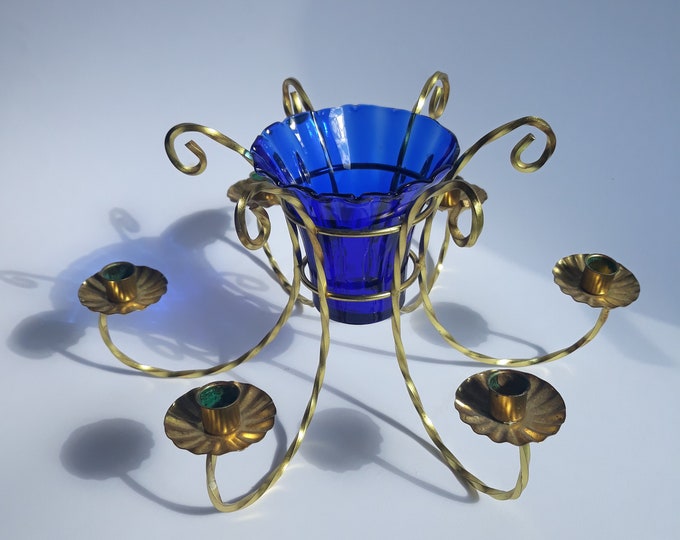 Sweden Candelabra Designed by Gunnar Ander for Ystad Metall. A Unique Combination of Metal and Cobalt Glass. Swedish Candle Holder from 50s.