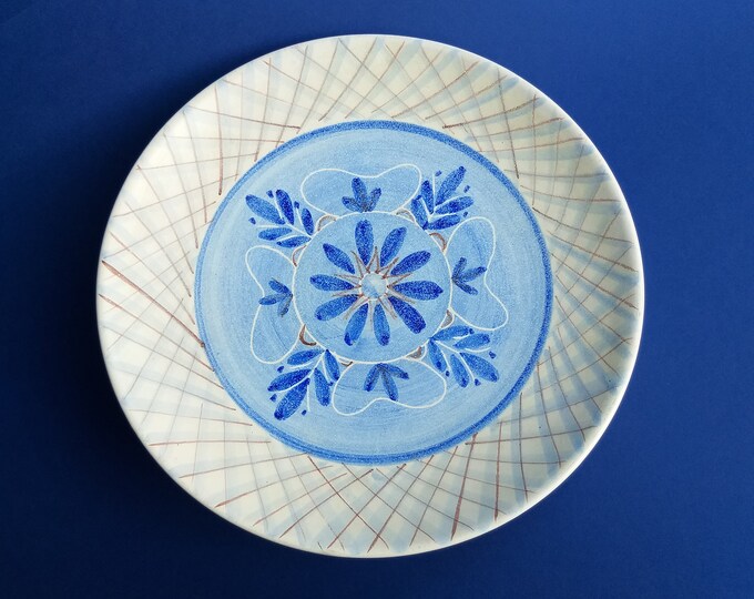 SYCO Sweden. Large Ceramic Decorative Plate. Flower and Stripe Pattern in Blue Tones. Nordic Style. Scandinavian Collectable Vintage Pottery