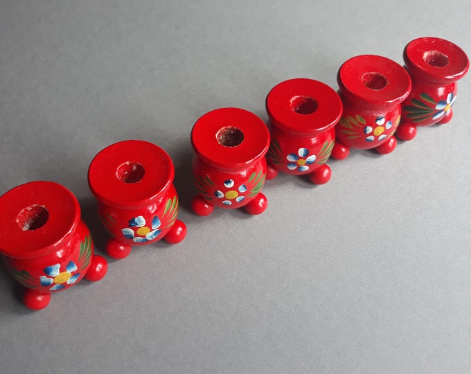 Set of Six Small Wooden Christmas Candlestick Holders. Floral Design. Hand Painted. Made in Sweden. Vintage Swedish Christmas Home Decor.