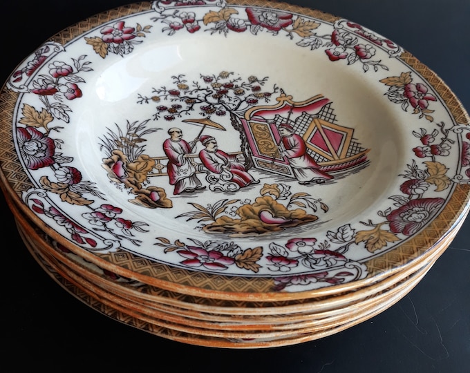 Set of 6 Gorgeous Gustavsberg Sweden Antique Soup Plates in Celestial Pattern. Bone China. Rare Antique Collectible Swedish Porcelain 1870s.
