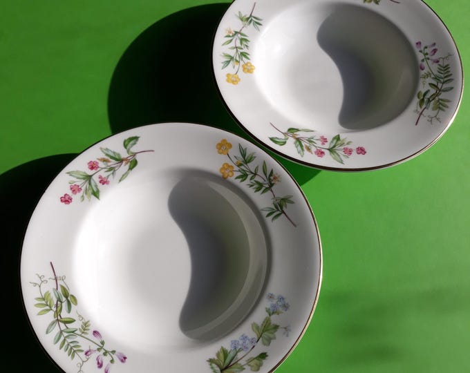 Set of 2 Meadow Minton England Bone China Deep Plates 20.5 cm (8.07"). Floral Patter. Gilded Edge. Marked. Looks Unused.