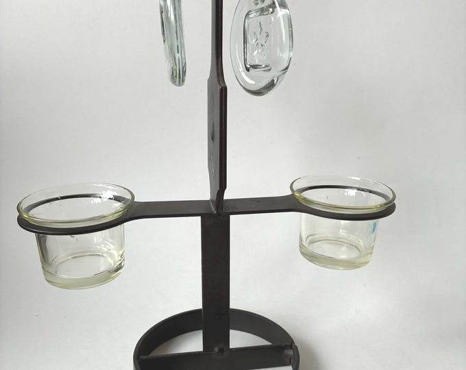Vintage Erik Hoglund Sweden Scandinavian Black Wrought-iron and Clear Glass 2-arm Table Candelabra with hanging Embossed Glass Medallions.