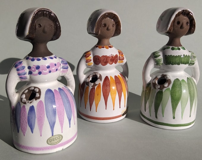 Set of 3 Deco Helsingborg Sweden Ceramic Flower Girl Figurines. Beautifully Hand Painted. Marked. Collectable. Swedish Scandinavian Pottery.