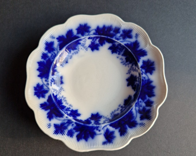 Vinranka Gefle Porslinsfabrik Sweden. Vinranka Pattern. Grape Leaves and Grapes. Antique Flow Blue Porcelain Soup Plate. Design  by A. Percy