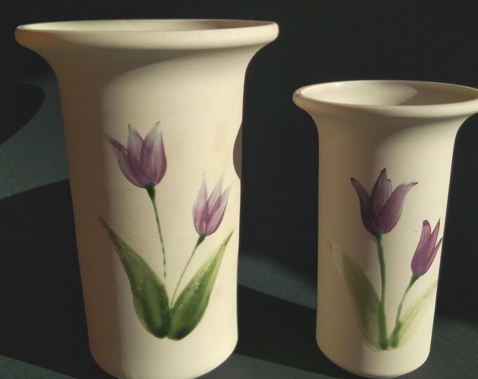 One Gabriel Sweden Stoneware Vase with Hand Painted Floral Tulip Decor on One Side. Marked. Beautiful Swedish Pottery. Home Decoration.