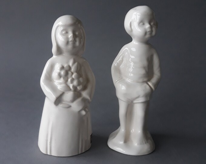 Pair of Helsingborg Sweden Children's Figurines in White Glossy Glaze. Girl and Boy. Design by B. Johansson. Vintage Scandinavian Pottery.
