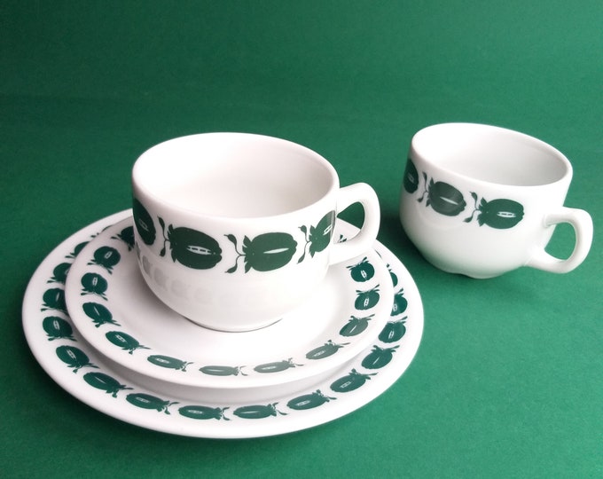 Porsgrund Norway. Two Coffee Cups, Saucer, Plate. White with Dark Pattern on Rim. Pattern No. 90. Norwegian Vintage Porcelain from 60s.