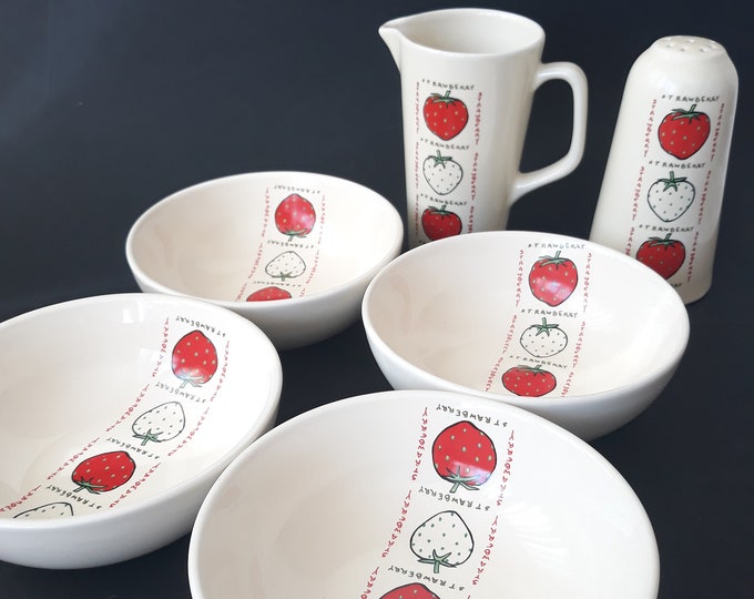 Set of Sagaform Sweden - Four Stoneware Bowls, Small Milk Pitcher an Sugar Shaker. Images of Strawberries. Swedish Design by Asa Lindberg.