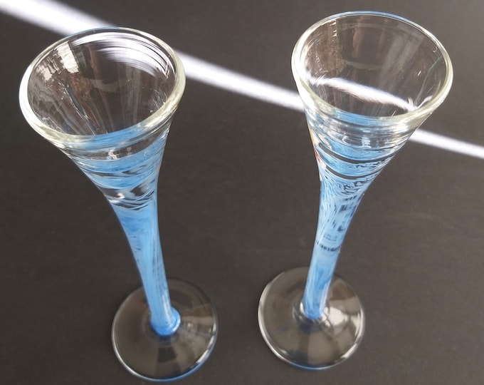 Pair of Charming Vintage Swedish Shot glasses. Liquor Glasses From Sweden. Blue Coloured Tall Stemmed Shot Glasses. Art Glass Barware.