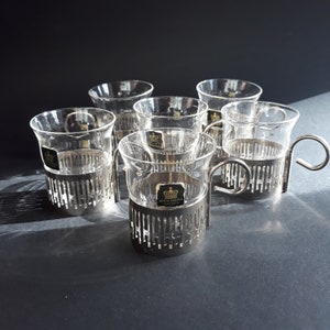 Set of 6 Royal Krona Sweden Small Thin Glass Glasses in Silver Colour Metal Holders. Original Stickers. Capacity 50g. Vintage Barware 70s.