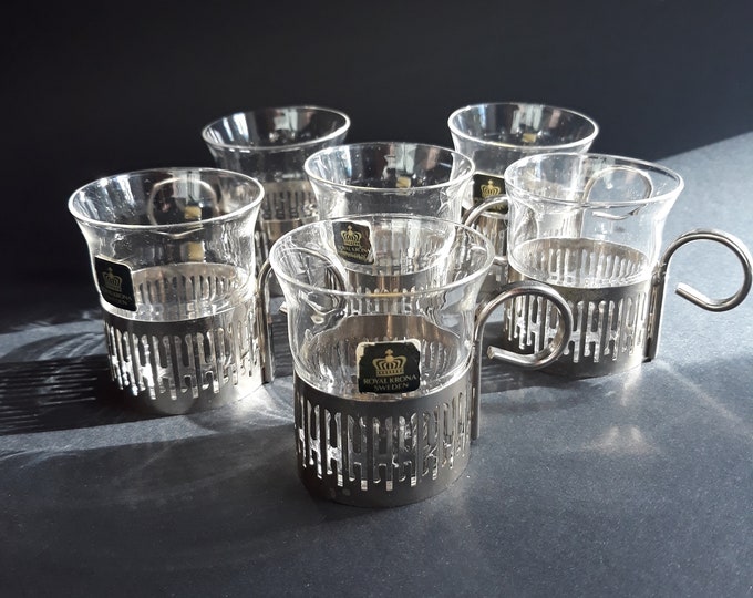 Set of 6 Royal Krona Sweden Small Thin Glass Glasses in Silver Colour Metal Holders. Original Stickers. Capacity 50g. Vintage Barware 70s.