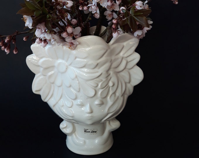 Beautiful Rosa Ljung Deko Keramik Helsingborg Sweden. White Colour Ceramic Vase Lady Head. Botanical Relief Pattern. Swedish Vintage Pottery