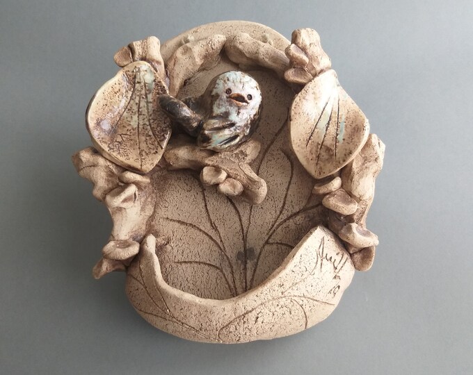 Vintage Studio Hand Made Ceramic Wall Tealight Holder with Bird sitting on Branch. Artist Signed. Vintage Swedish Pottery. Lovely Home Decor