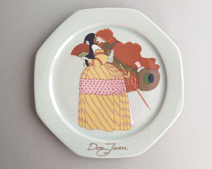 Hoganas Keramik Sweden. Decorative Ceramic Plate "Don Juan". Greenish Hexagonal Plate with a Picture in the Middle. Rare Found Vintage Piece