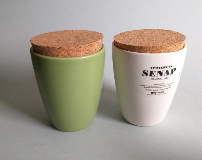 Set of 2 Hoganas Sweden Stoneware Apoteket Spice Jars with Cork Lids. White and Green. Marked. Vintage Swedish Pottery. Nordic Design.