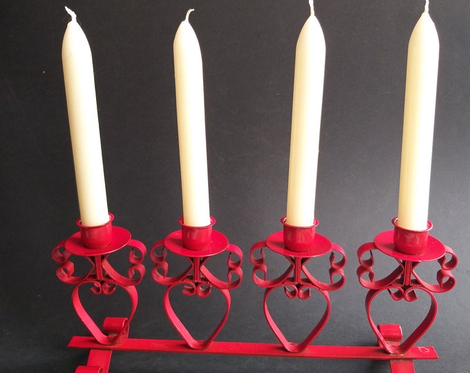 Christmas Red Colour Sturdy Metal Advent Candle Holder for four Candles. Heart Pattern Decoration. Vintage Metal Art in Scandinavian Style.