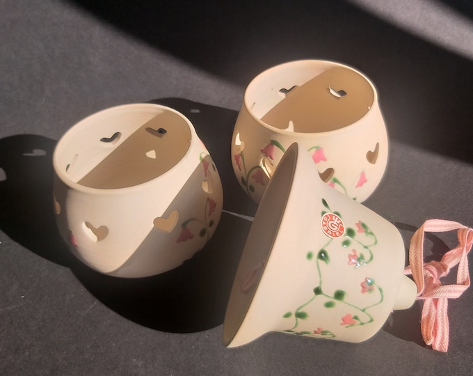 Gabriel Ceramic Sweden. Beige Stoneware Votive Candle Holder or Bell  with Glazed Hand Painted Linnea Flower Decor. Vintage Swedish Pottery.