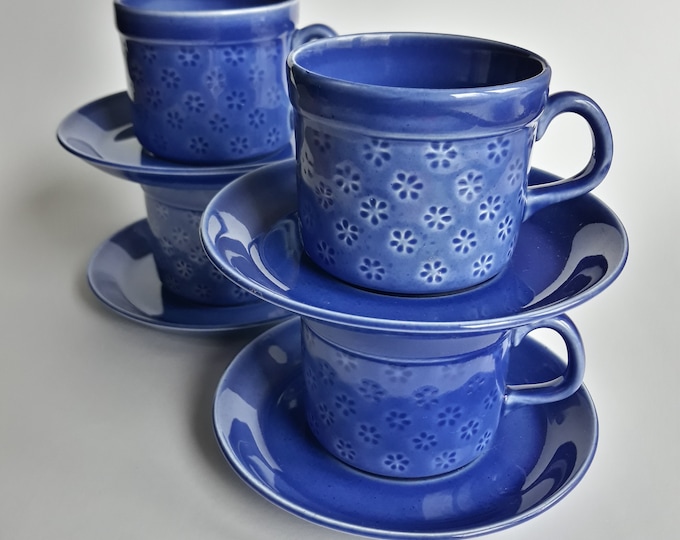 Pair of Vintage Gustavsberg Sweden Coffee Cup Sets in Veronica Pattern. Periwinkle Blue Colour. Marked. Swedish Tableware from 80s.