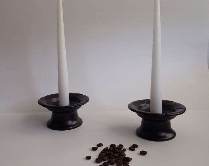 Hoganas Keramik Sweden. Pair of  Stoneware Candlestick Holders. Lovely Dark Coffee Bean Colour. Stamped on Bottom. Swedish Vintage Pottery.