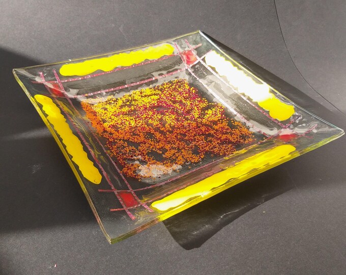 Vintage Swedish Fused Glass Square Bowl Dish Plate. Nice Vivid Colours on Clear Base. Scandinavian Art Glass. Home Decor from Sweden.