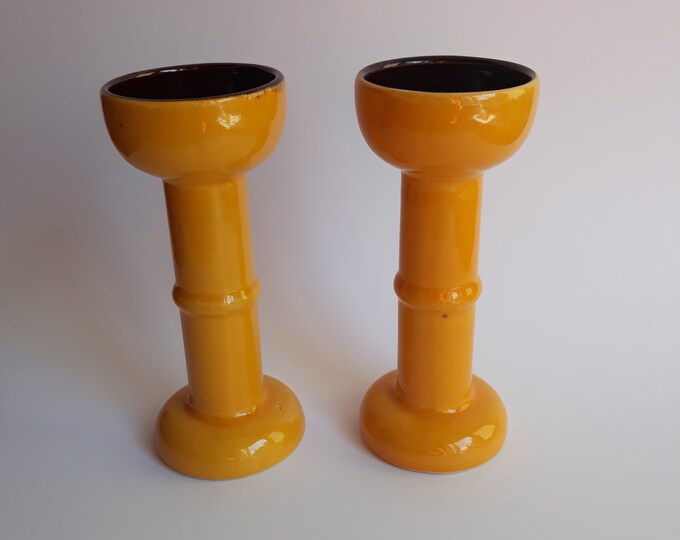 Pair of Bay W. Germany Ceramic Candlestick Holders in Glossy Bright Yellow Glaze and Brown Colour Inside. Marked. MCM Vintage Pottery.