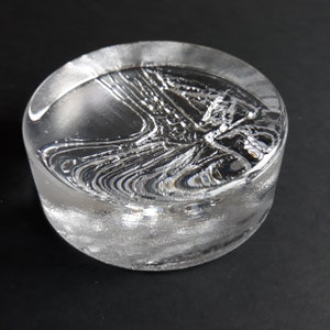 Aesthetically Beautiful Vintage Swedish Crystal Glass Paperweight in Abstract Pattern. Round Shape. Heavy, Clear with Textured Bottom. MCM.