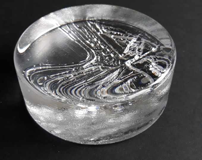 Aesthetically Beautiful Vintage Swedish Crystal Glass Paperweight in Abstract Pattern. Round Shape. Heavy, Clear with Textured Bottom. MCM.
