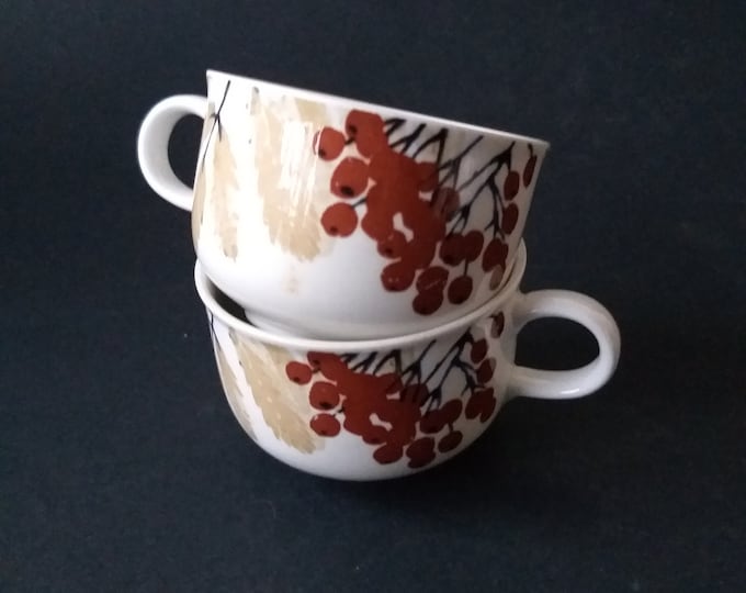 Set of 2 Rorstrand Sweden Diamant Jackie Lynd design - BERRY SÕ 383” Cups. White Base with Orange Rowan Berries. Swedish Vintage Tableware.