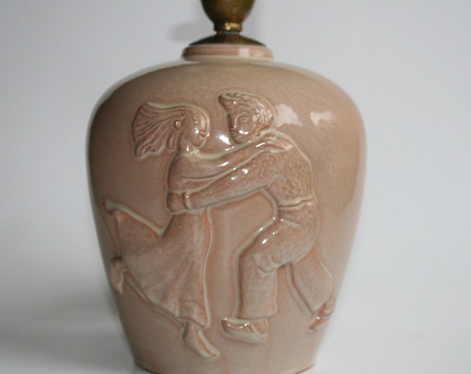 Swedish Beautiful Laholm Ceramic Table or Bed Side Lamp.  50. ties Pottery. A Dancing Couple in the Relief. Mid Century.
