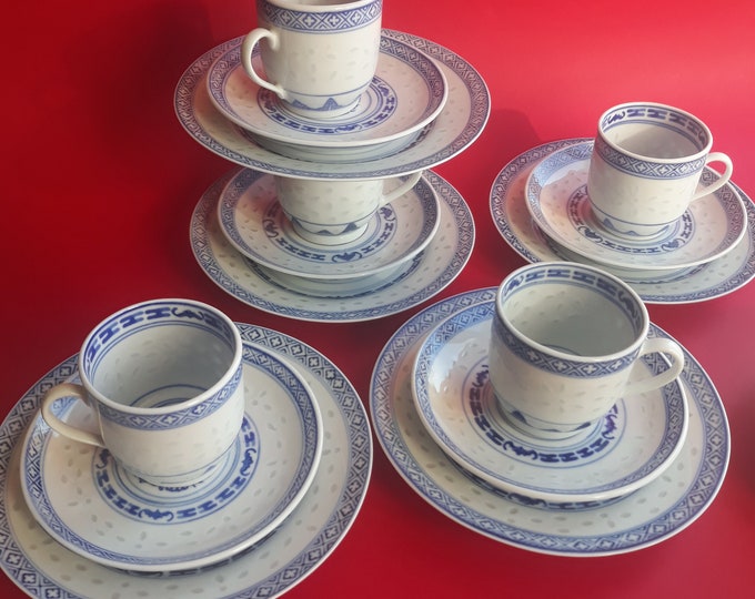 Dragon Jingdezhen Vintage Trio Set- Small Cup Saucer Plate. Chinese Rice Grain Eyes Dragon Pattern in Blue, White Colour. Hand Made in China