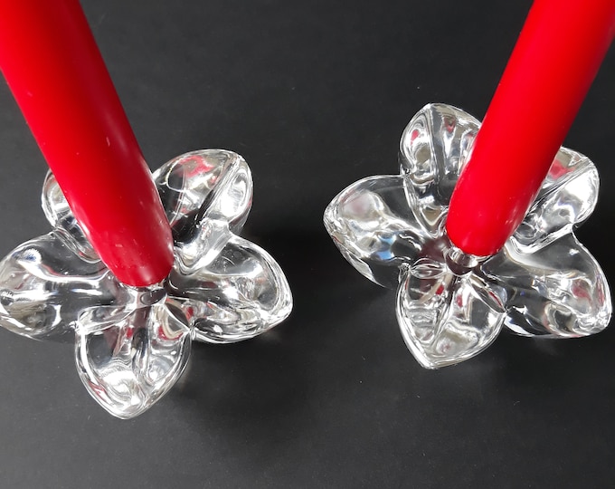 Pair of Orrefors Sweden Crystal Glass Candlestick Holders. Design by Lars Hellsten. Excellent Vintage Condition. Scandinavian Art Glass.