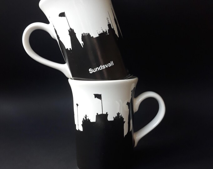 Pair of English Vintage Mugs for Tea, Coffee. In White and Black Colour with an inscription - Sundsvall. Staffordshire Earthenware.