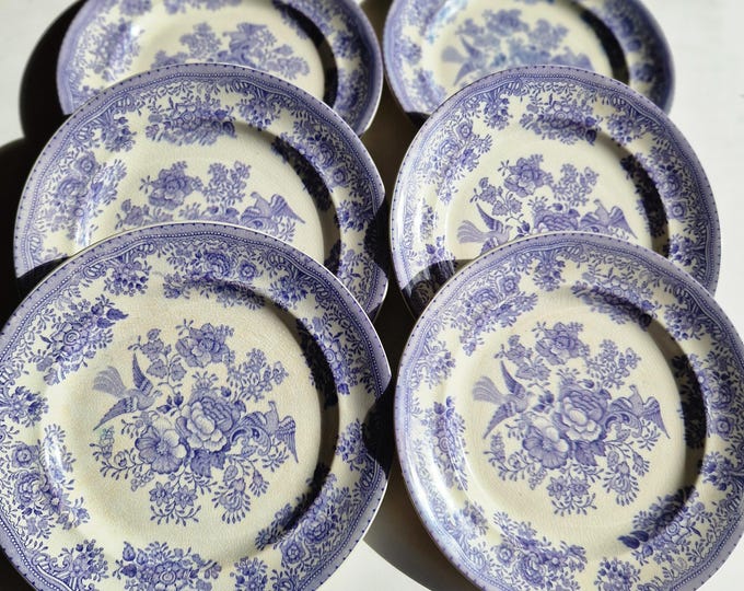 Set of 6 Antique Swedish Porcelain Classics Salad Plates from the Series Fasan from Gustavsberg (1880-1923). Asiatic Pheasants. Collectable.