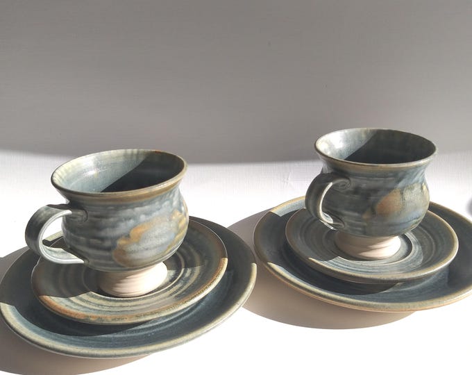 Studio Pottery Sweden. Hand Made Cup Saucer, Dessert Plate Set in Matt Grey Green Earth Tones. Coffee Tee Set from Stoneware. Artist Signed.