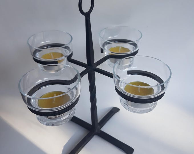 Amie Stålkrantz Lundqvist Glass Advent Candleholder on Metal Stand for Four Tealights. Original Label. Swedish Vintage Home Decoration.